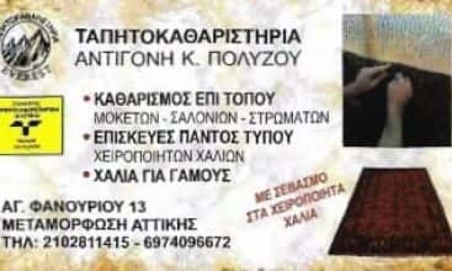 ΠΟΛΥΖΟΥ ΑΝΤΙΓΟΝΗ – ΤΑΠΗΤΟΚΑΘΑΡΙΣΤΗΡΙΟ – ΑΧΑΡΝΕΣ ΑΤΤΙΚΗΣ